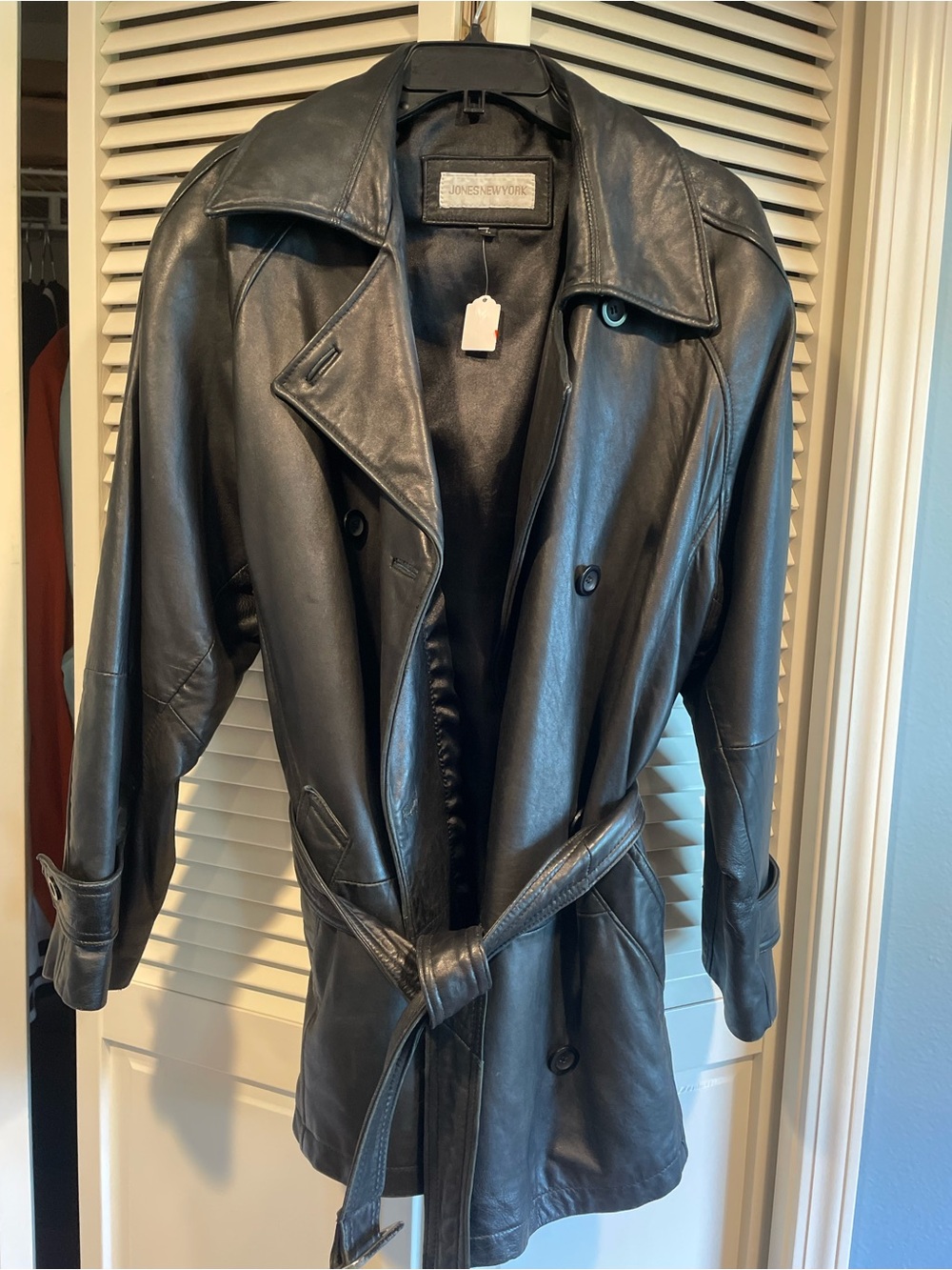 Jones New York Black Leather Trench Coat with Belt